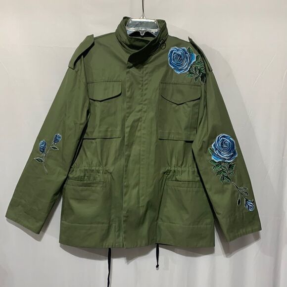 MARGARET O'Leary Parka Hidden Hood Blue Rose Embroidery 4 Pockets Women’s Sz S - Picture 1 of 14